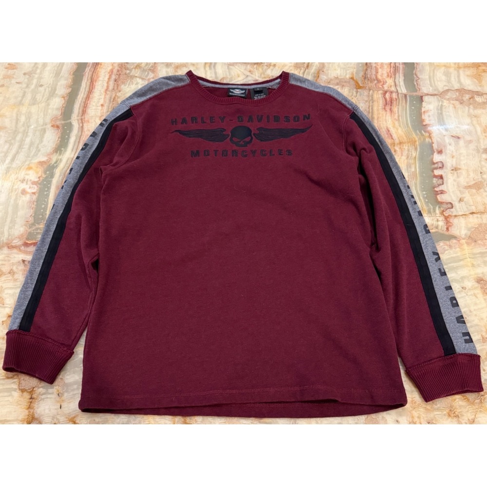 Vintage Harley Davidson Mens Sweatshirt Burgundy Skull Logo Long Sleeve Large